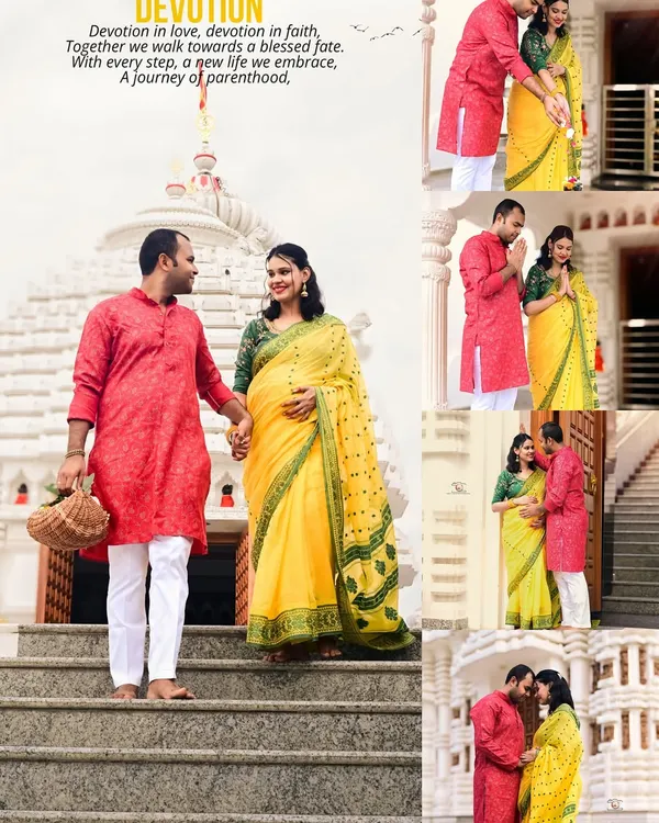 This collage celebrates an expecting couple's journey with a maternity shoot at a temple. Dressed in vibrant traditional Indian attire, their photos reflect devotion, love, and anticipation for their new life together.