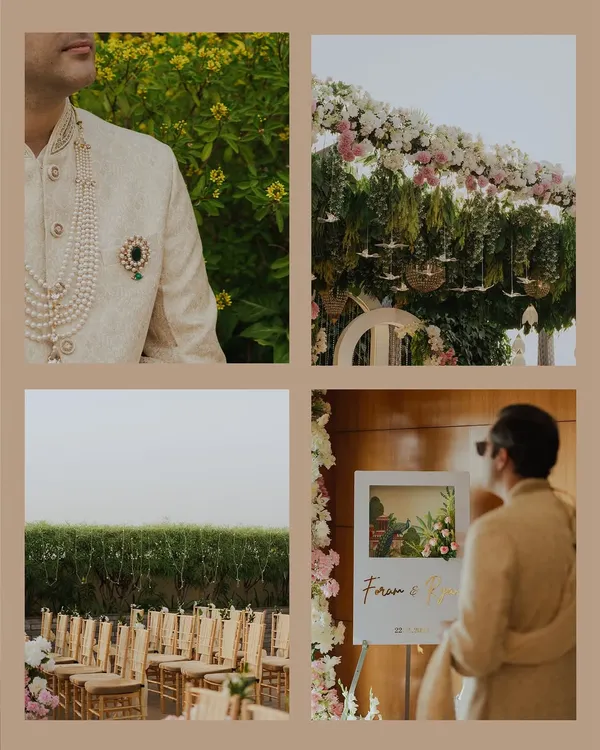 A collage of wedding details, from the groom's elegant sherwani and pearl necklace to the beautiful floral decor and welcome sign. These elements come together to create the wedding's unique atmosphere.