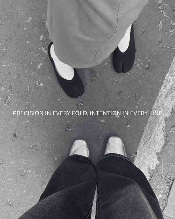Precision in every fold, intention in every line. My Tabi flats are for those who speak in silhouettes, shown here in both classic black and metallic silver for versatile styling from the studio to the street.