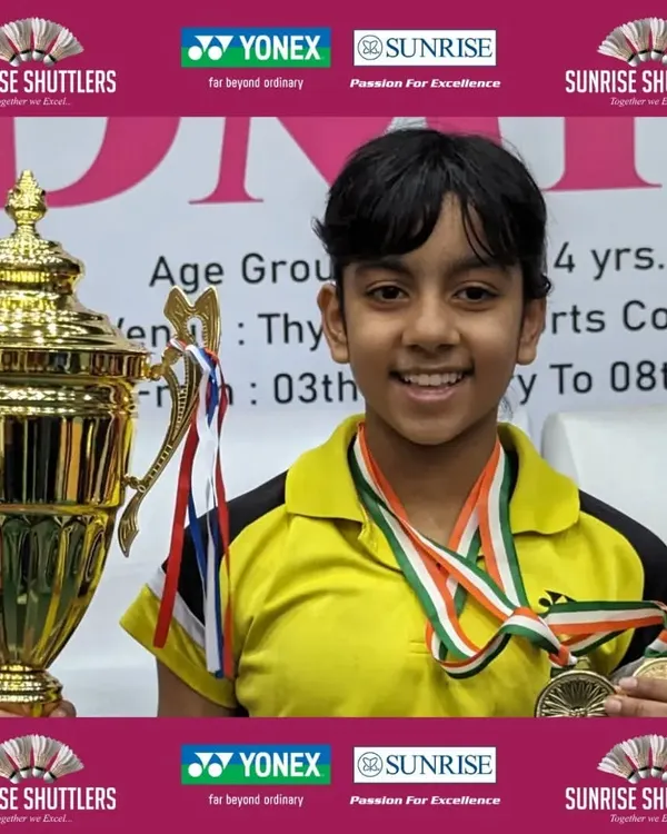 We believe in nurturing champions from a young age. Here, our athlete Divyanshi Gautam celebrates her double gold medal win at the School Games Nationals U-14, a proud moment that showcases the incredible potential within our young players.