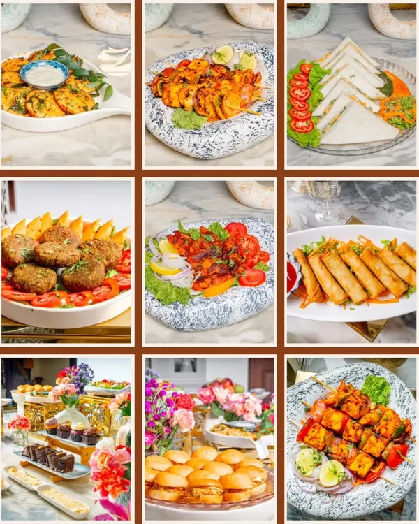 A snapshot of the variety I offer. This grid showcases some of my most popular appetizers, from Indian kebabs and tikkas to sandwiches and desserts, all presented with style.