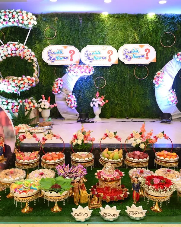 A beautiful, full setup for a naming ceremony. I love creating these grand displays that become the perfect backdrop for photos and bring so much joy to the event.