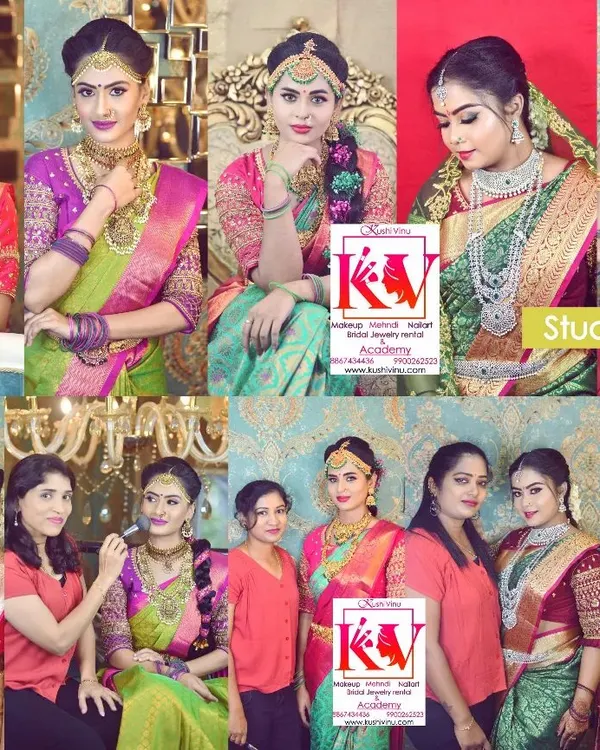 A collage showcasing the amazing work from one of my student batches. Each student works on a different model to practice various South Indian bridal makeup styles and build their professional portfolio.