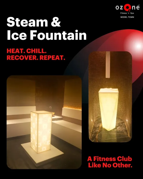 This graphic explains my signature recovery method: HEAT. CHILL. RECOVER. REPEAT. It showcases both the steam room and the ice fountain, the two key elements of my effective contrast therapy spa service.