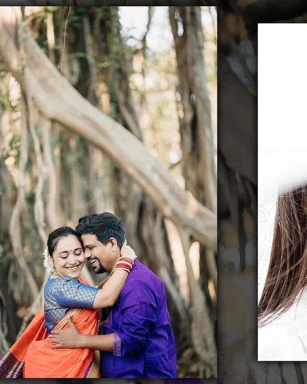 A joyful embrace in traditional Marathi outfits. The vibrant colors of the saree and kurta look beautiful against the natural backdrop.
