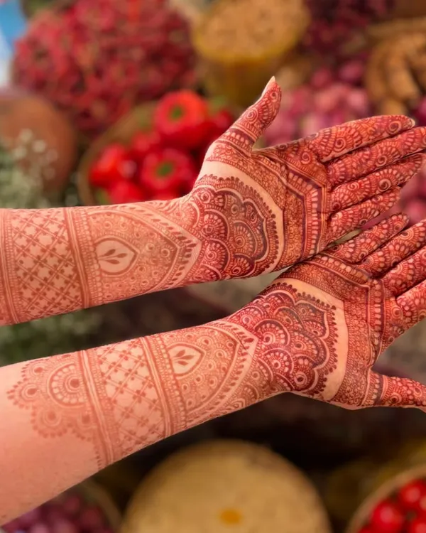 This is the stunning result of my natural herbal mehndi after the paste has been removed. The deep, reddish-brown color is a sign of pure, high-quality henna and great aftercare.