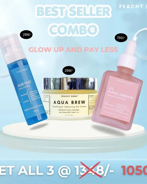 Glow up and pay less. This graphic showcases my bestseller combo, featuring the Blue Clay cleanser, Aqua Brew creme, and Alpha Arbutin serum at a special discounted price.