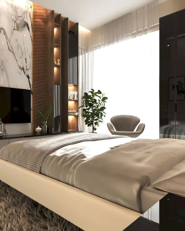 A 3D render of a master bedroom featuring a book-matched marble TV wall and integrated wooden shelving. The design includes a glossy black wardrobe and soft lighting to create a sophisticated, hotel-like feel.