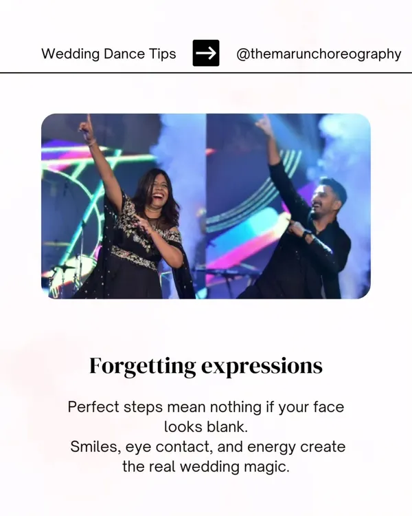 Wedding Dance Tip: Don't forget expressions. Perfect steps mean nothing if your face is blank. Smiles, eye contact, and energy create the real wedding magic.