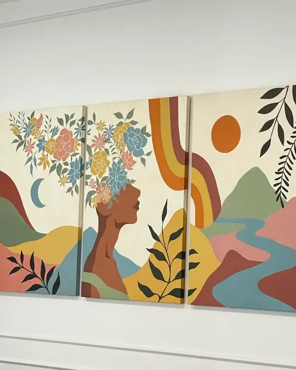 A closer look at the BOHO multi-panel canvas painting. This original artwork is composed of three separate canvases that come together to create a single, flowing image of nature and femininity.