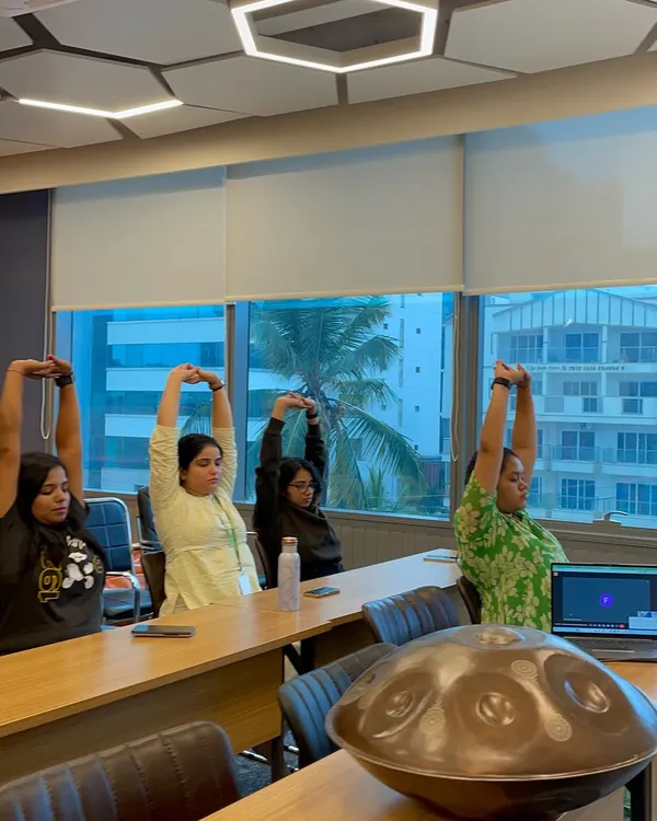 Leading simple stretches for employees at Ninjacart in Namma Bengaluru.