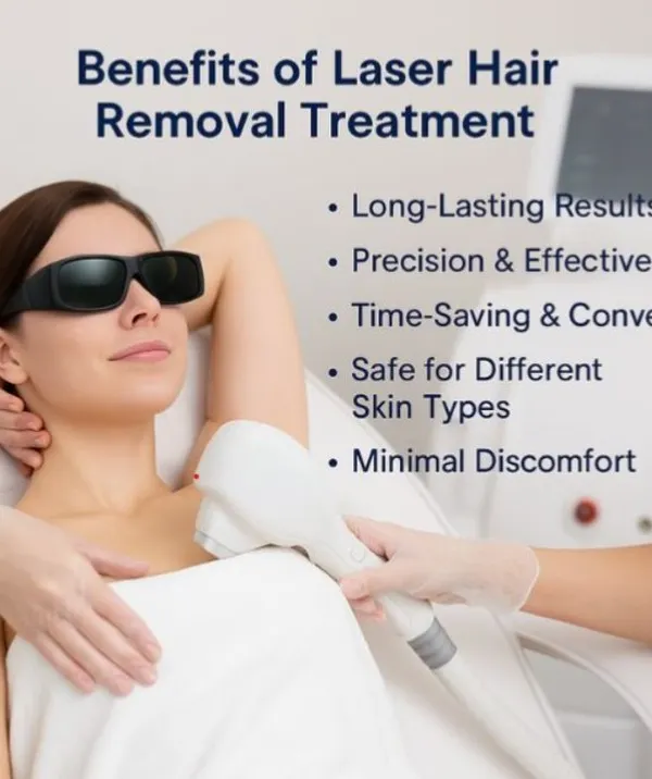 This image highlights the key benefits of laser hair removal, a service I specialize in. My clinic uses safe, US-FDA approved technology to deliver long lasting results with minimal discomfort, making it a convenient and effective alternative to traditional hair removal methods.