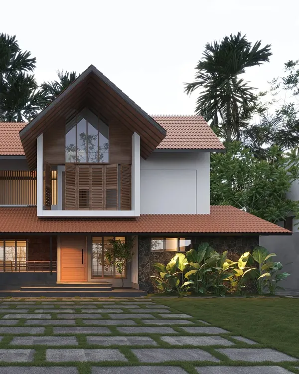 This upcoming project features a striking combination of a stone-clad base, terracotta roofing, and a modern cantilevered section with wooden louvers.