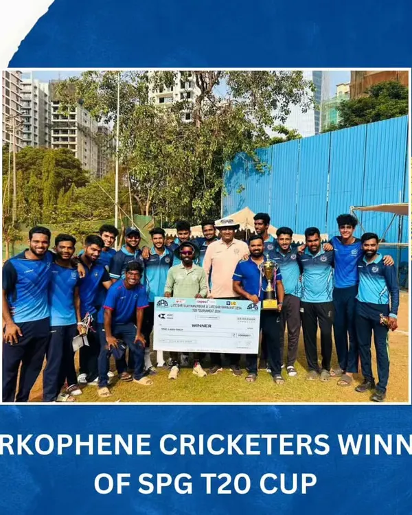 The Parkophene Cricketers team, associated with our club, poses with the winner's cheque and trophy after their victory in the SPG T20 Cup.