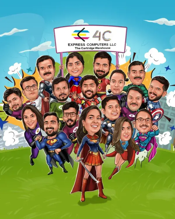 This was a super fun project for a corporate team. They wanted to see themselves as superheroes, and I loved bringing that vision to life. It's a great example of a unique group caricature for office teams.