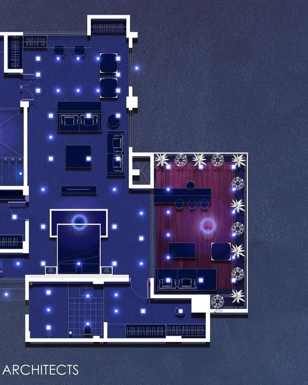 A detailed lighting and furniture layout for a luxury penthouse, illustrating the initial planning stage. The plan includes a terrace with designated planters, showing how landscape elements are integrated from the very beginning of the design process.