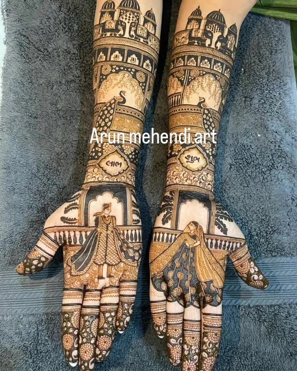 This design combines classic bride and groom figures on the palms with their initials, 'Shubh' and 'Labh', hidden in the forearm patterns for a personal touch.