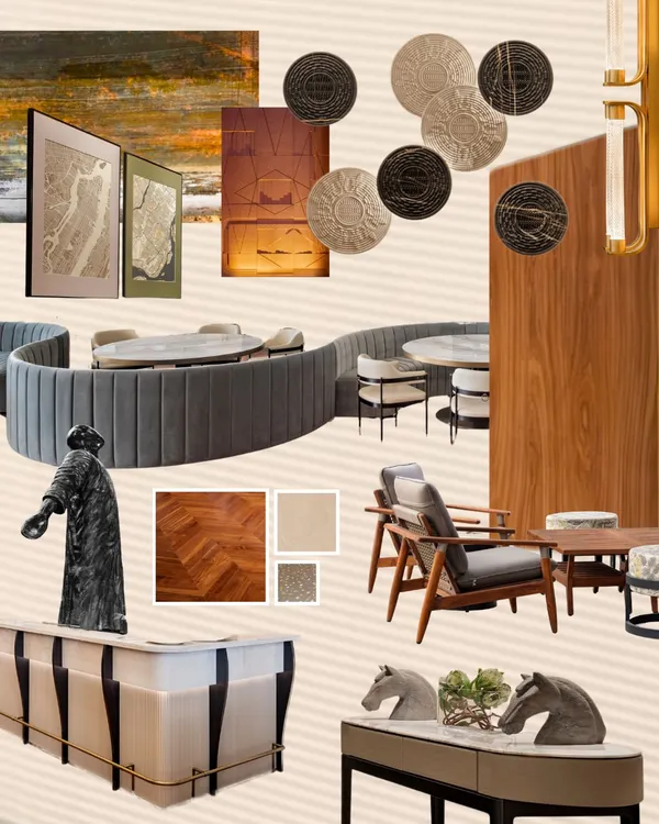 This mood board for the Elevate Clubhouse shows our process of tactile exploration. We balanced refined materials like Botticino stone and wood with curvilinear furniture and backlit accents to create a layered narrative of quiet luxury and material honesty.