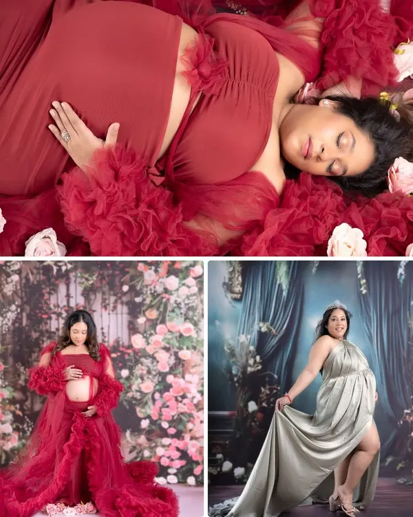 My studio allows for a wide range of styles, from the bold and dramatic red floral gown to the elegant and regal silver dress. This collage shows just a few of the stunning looks we can create together.