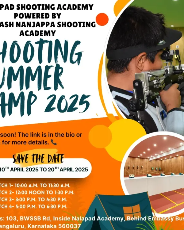 Announcing our Shooting Summer Camp for 2025. This poster details the dates, batch timings, and location, inviting parents to enroll their children for a unique and skill-building holiday experience.