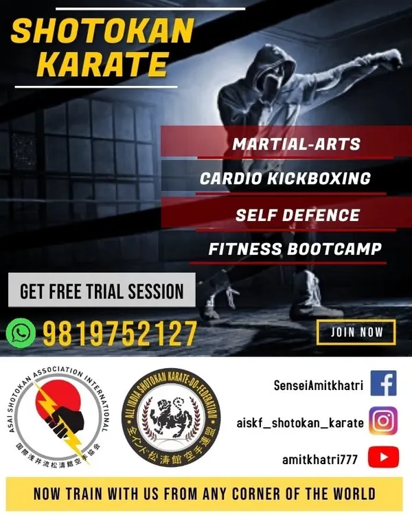 We are now offering classes in a new branch near Dahisar-Borivali. This flyer details our offerings, including Shotokan Karate, cardio kickboxing, and self-defense, with a free trial session available.