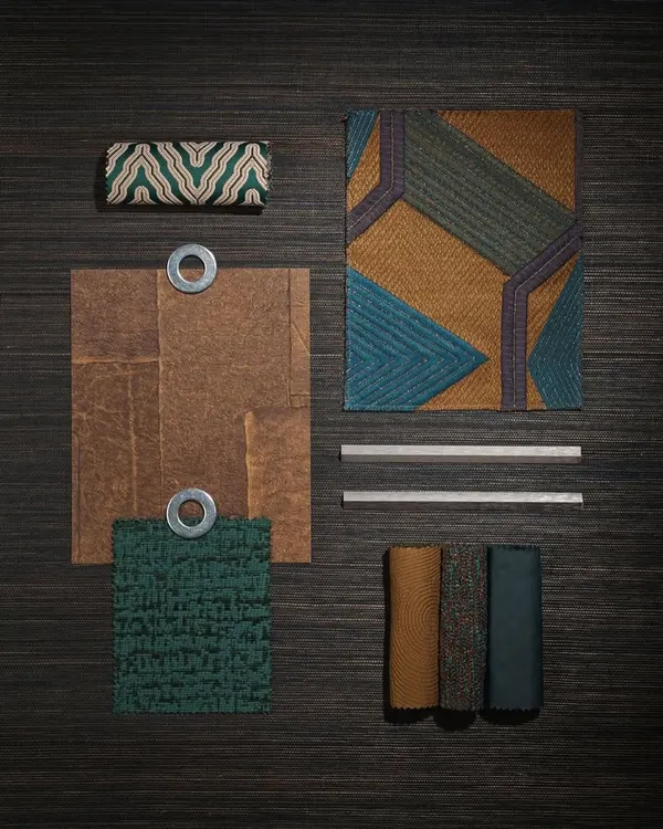 This is where a project begins: with a dialogue between materials. Our mood board balances richness with restraint, combining geometric patterns, textured solids, and leather-like swatches from Élitis to create a cohesive and sophisticated color story.