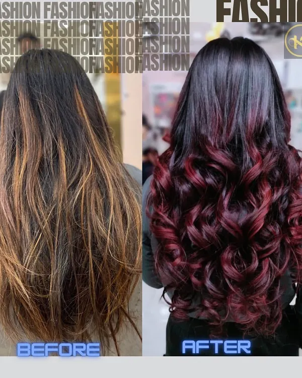 A dramatic before and after hair color transformation. I took this client's hair from dull and dry to a vibrant, rich red with deep conditioning, styled into beautiful curls to show off the dimension.