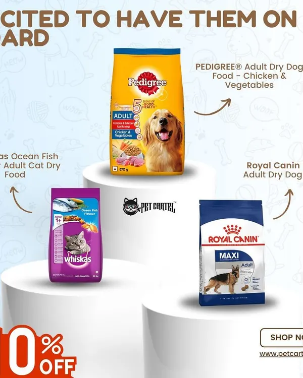 We carry the brands you know and trust. This image shows some of the popular choices available in our store, including Pedigree, Whiskas, and Royal Canin for both dogs and cats.