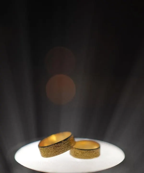 A creative shot of the wedding rings, spotlit against a dark background. The dramatic lighting makes the gold bands shine, symbolizing their precious commitment.