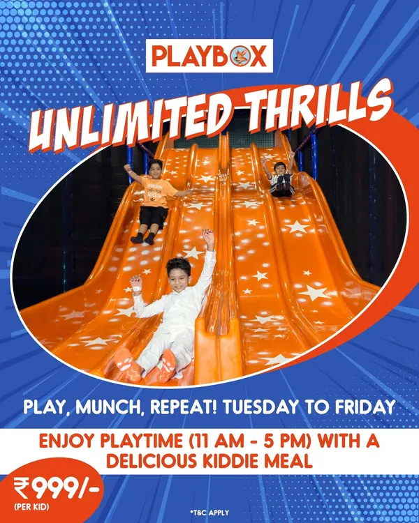 Our "Unlimited Thrills" weekday offer poster. For just ₹999, kids get hours of playtime plus a delicious meal.