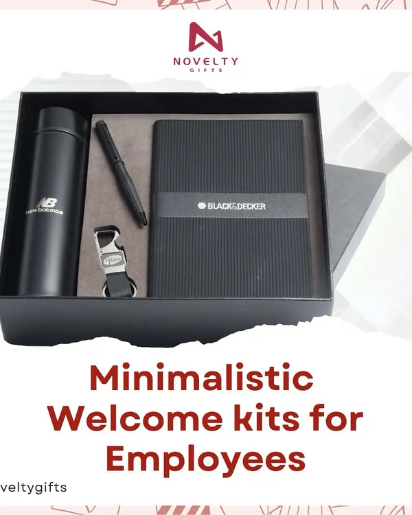 First impressions are everything. This minimalist welcome kit for new employees includes a New Balance branded bottle, a Black & Decker diary, a pen, and a keychain.