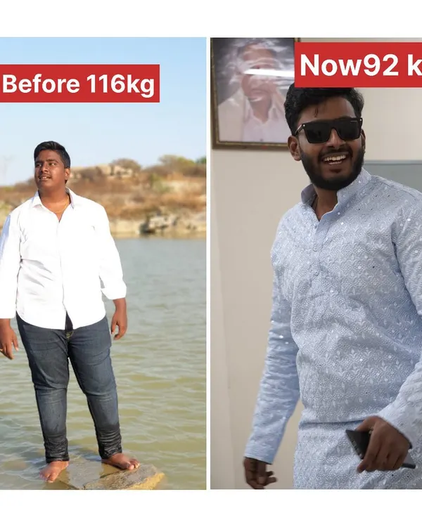 An incredible 24 kg weight loss in just three months. This online client from Hyderabad went from 116 kg to 92 kg through a dedicated workout and diet plan.