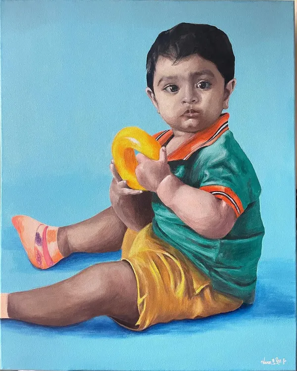 This acrylic portrait of my nephew Vishakh was a labor of love. After taking a break for an eye surgery, I came back to it and repainted the face to get it just right. The vibrant colors and smooth blending are achievable with acrylics on a stretched canvas.