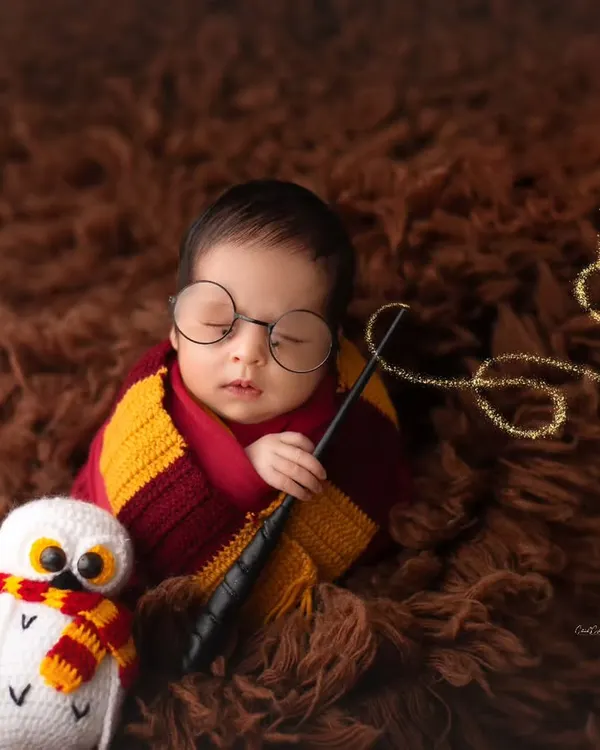 Our littlest wizard, complete with a wand and his trusty owl Hedwig. This Harry Potter theme is a favorite for fans, and I have all the props to make it magical.