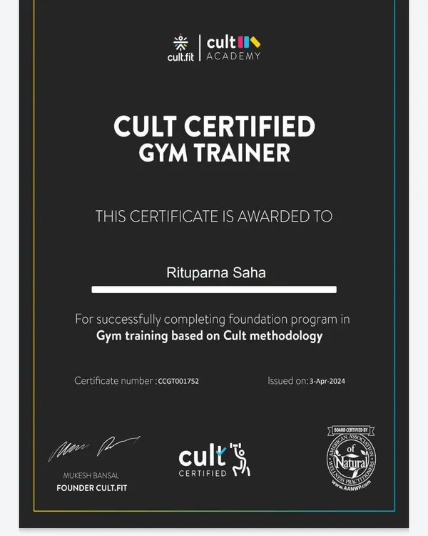 I am a proud Cult Certified Gym Trainer. This certification reflects my training in the latest fitness methodologies and my commitment to providing safe, effective, and high-quality personal training.