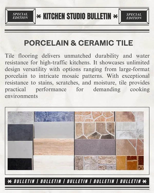 An overview of porcelain and ceramic tile options for flooring. These materials are incredibly durable and water-resistant, making them a practical choice for high-traffic kitchens.