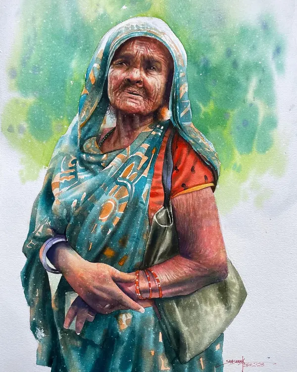 This watercolor portrait, titled 'Yadon ka Thaila' (A Bag of Memories), aims to capture a lifetime of stories in a single expression. I use layers of transparent color to build depth and character, creating an emotional gift painting.