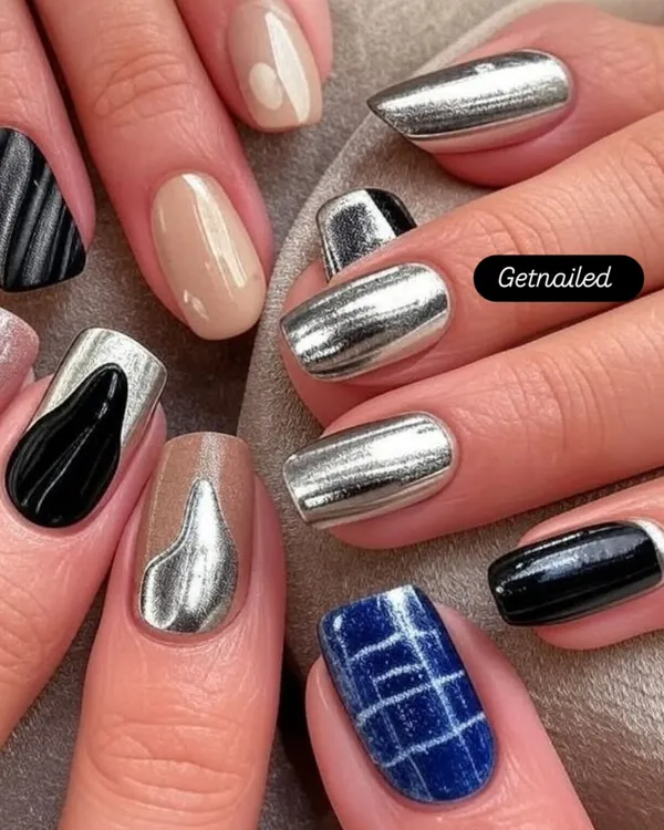 This set showcases advanced design combinations you'll learn to create, mixing metallic chrome, 3D gel art, and patterned designs. This versatility is key for a professional nail artist.