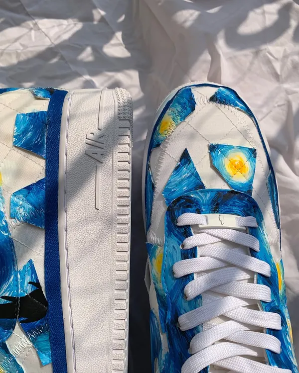 A close-up of the toe box of the "Starry Night" custom Nike AF1s. I paid close attention to replicating Van Gogh's unique, thick brushstrokes to give the design texture and movement.