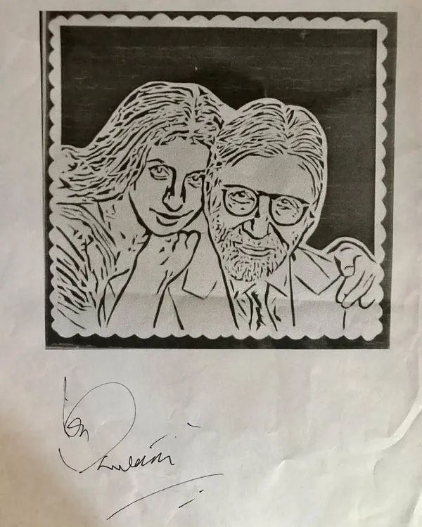 It still feels unreal that I got to create this piece for Amitabh Bachchan and his daughter, Shweta. My dad presented it to him, and he even signed a copy for me! This hand-cut portrait captures a special father-daughter bond, a theme that's really close to my heart.