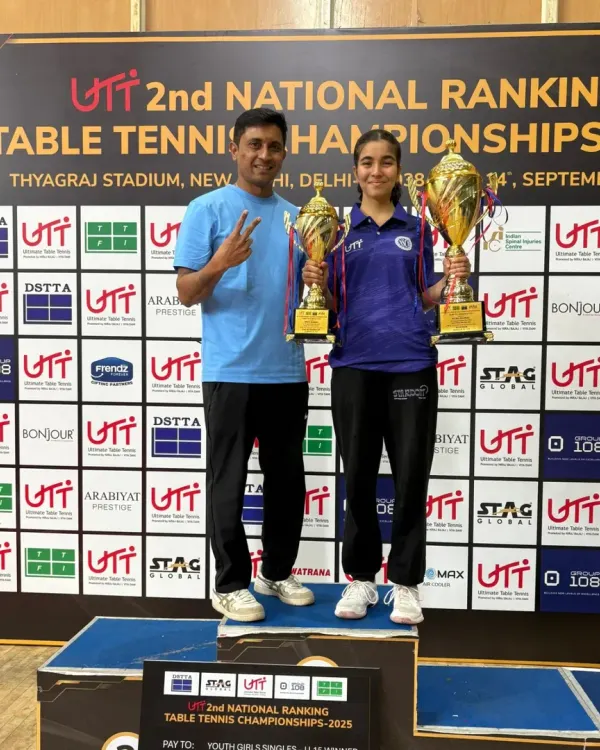 A picture of pure success. Here is our star player Naisha Rewaskar with her mentor Ravindra Kotiyan after a fantastic performance at the 2nd National Ranking Table Tennis Championships in New Delhi. Her two trophies represent wins in multiple categories, a result of our focused table tennis training program.