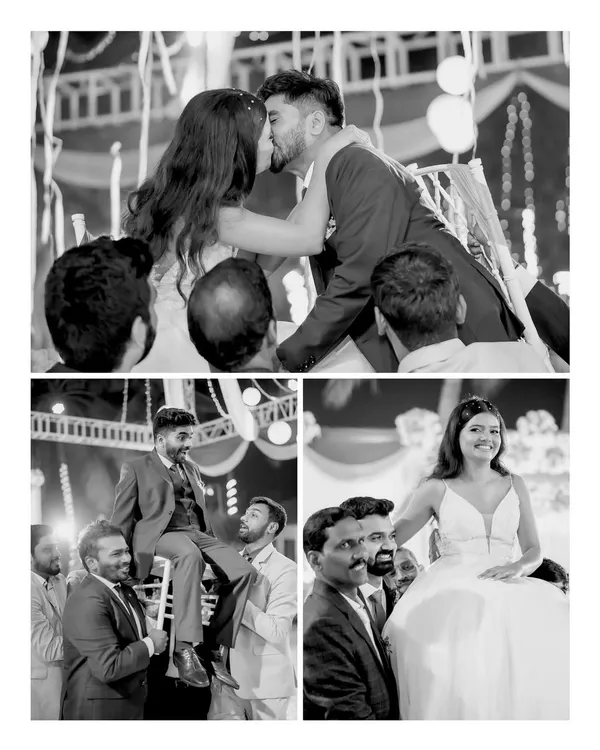 A black and white collage of the Hora, a traditional celebratory dance. The images capture the joy and energy of this reception moment with family and friends.