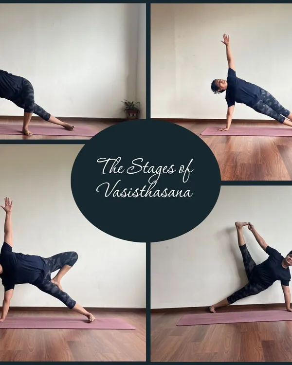 The journey in yoga is a process, not a single event. This collage shows the stages of Vasisthasana (Side Plank), reflecting years of steady practice. Our training focuses on this principle of gradual progression, building the mental resilience and physical strength needed to grow safely in your practice.