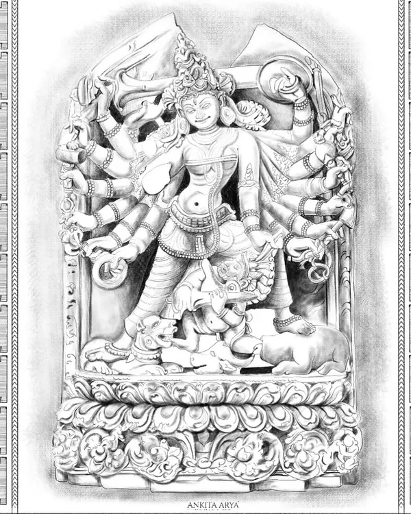 A hand-illustrated artwork depicting an Indian sculpture of the goddess Durga. The design captures the intricate details of the deity's form, jewelry, and floral motifs, framed by a traditional border.
