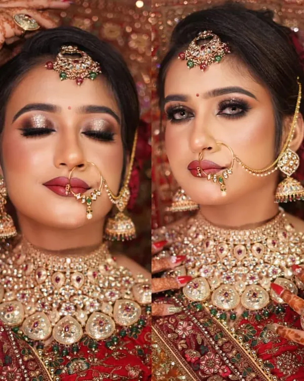A close-up of a magnificent royal bridal look, showcasing intricate jewelry and flawless makeup with a focus on dramatic eyes and perfectly blended skin. This is the level of detail and perfection I teach in my advanced bridal course.