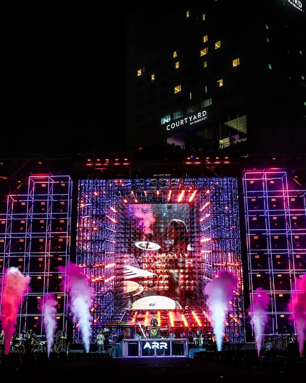We don't just build stages; we create immersive visual worlds. This shot from A.R. Rahman's 'The Wonderment Tour' showcases the 12,000 sq. ft. of anamorphic LED visuals and complex structural design that formed the centerpiece of a historic night.