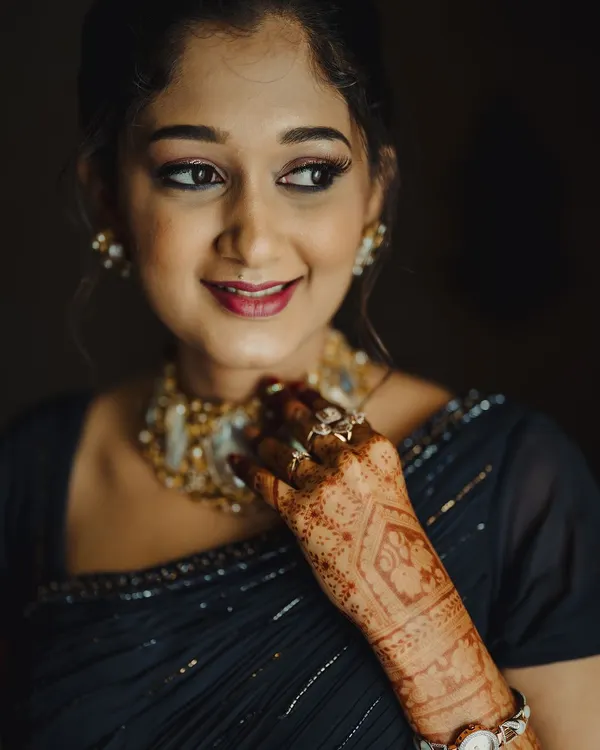 A close-up of my beautiful bride Surabhi, showcasing a flawless, skin-like makeup finish. This look focuses on enhancing her natural features with soft, defined eyes and a subtle lip color, perfect for her welcome event.