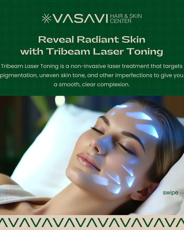 This image shows a patient undergoing a non-invasive Tribeam Laser Toning treatment. The projected light pattern indicates how the laser energy is delivered across the skin to target pigmentation and stimulate collagen without damaging the surface.