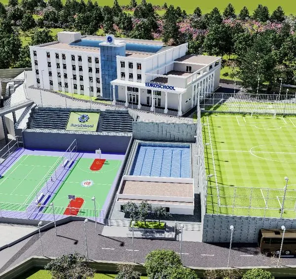 This 3D aerial view showcases our comprehensive master planning for the Chimney Hills Education Society campus in Bangalore. It highlights the integration of academic buildings with extensive recreational facilities, including a football ground, swimming pool, and basketball court, demonstrating our holistic approach to institutional design.