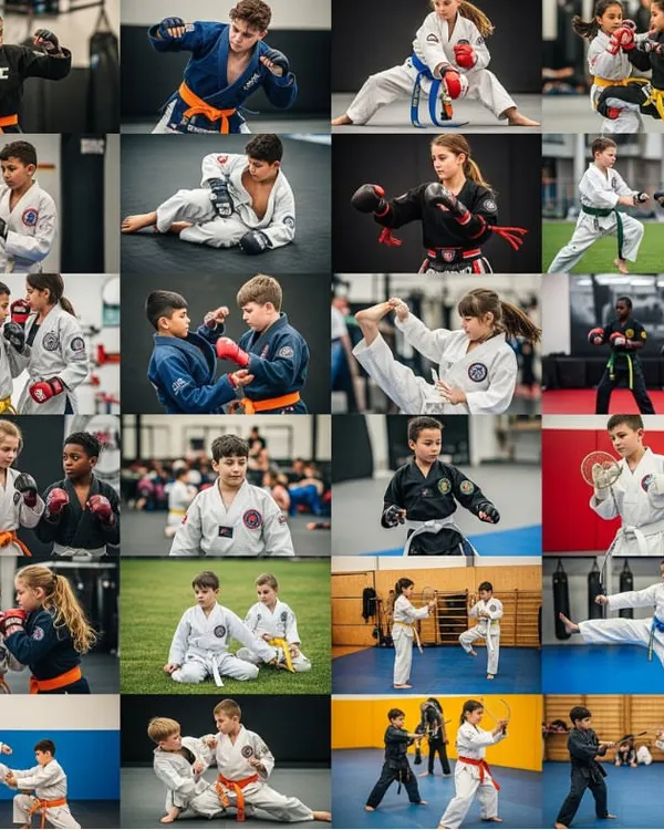A collage showing the diversity of my kids' martial arts program. We teach them everything from Karate stances to MMA grappling in a safe and disciplined environment.